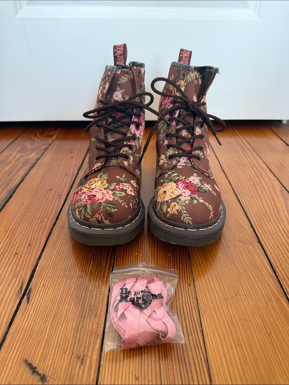 Dr. Martens Brown Floral Lace-Up Ankle Boots with Pink and Cream Flowers - Picture 3 of 8